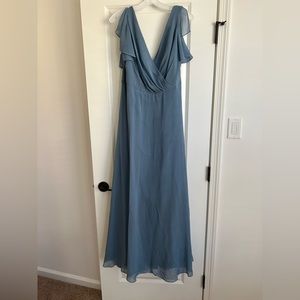 NWT David’s Bridal Flutter Sleeve Bridesmaid Dress, UNALTERED, 16, Steel Blue